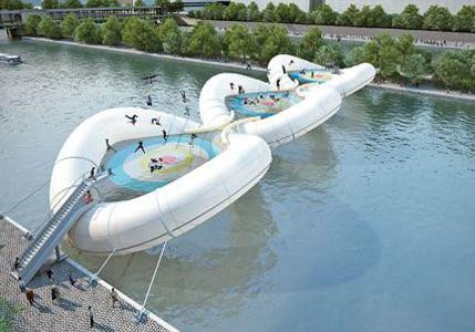Un pont éphémère gonflable et flottant pour animer les berges proposé par le cabinet d'architecture parisien AZC