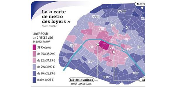 La carte permet de constater que "les locataires parisiens qui prennent leur métro à Invalides, Odéon ou Saint-Sulpice sont ceux dont le loyer est le plus élevé.