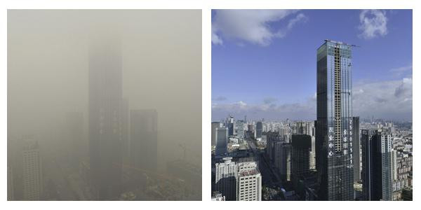 En Chine, la mégalopole Harbin paralysée par la pollution: deux images d'un gratte-ciel prises à 10 jours d'intervalle.