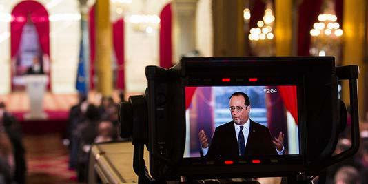 Pendant la cinquième conférence de presse de François Hollande.